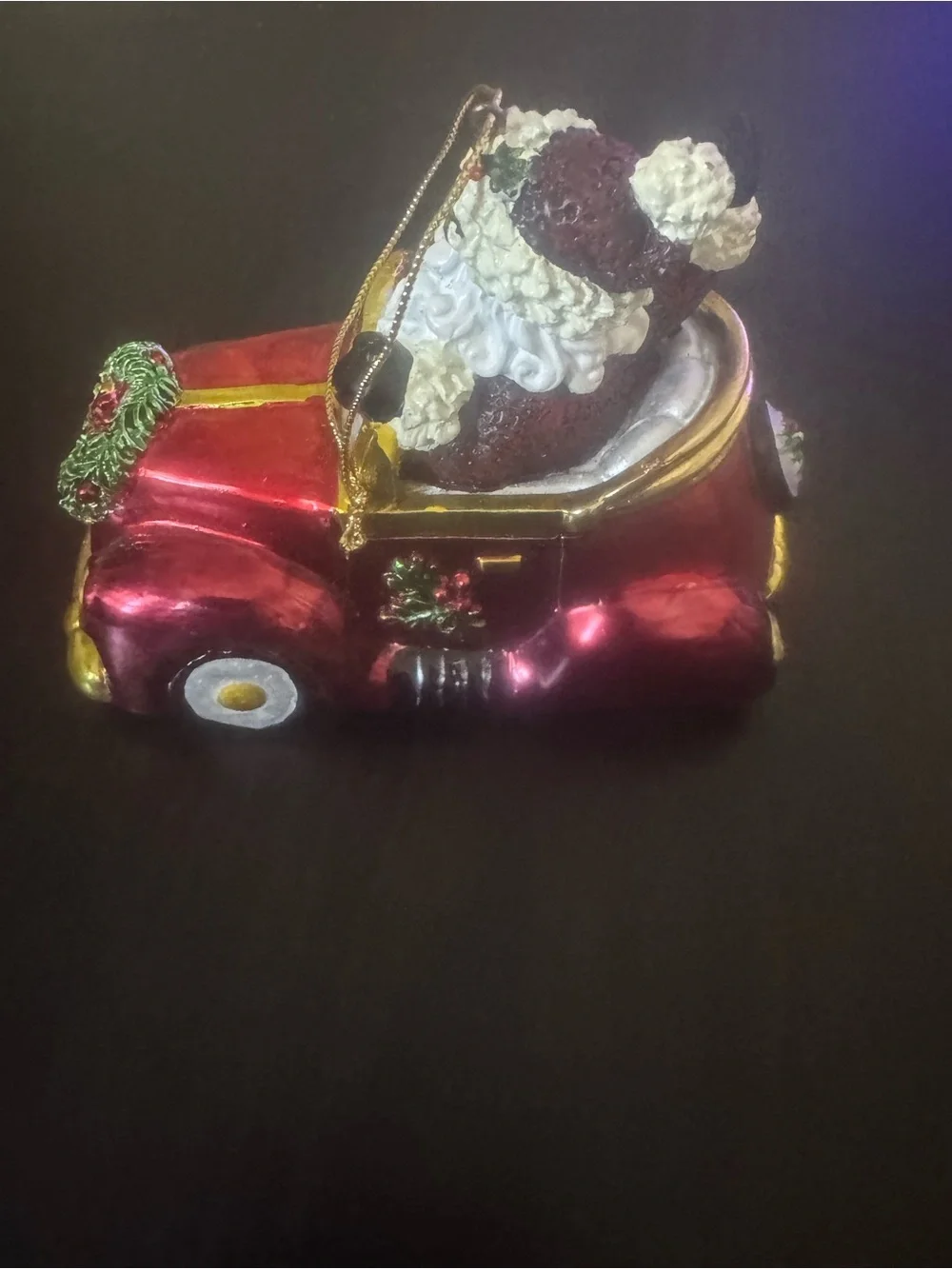 Fitz and Floyd Red Santa Driving Car Christmas Ornament with Gold Accents